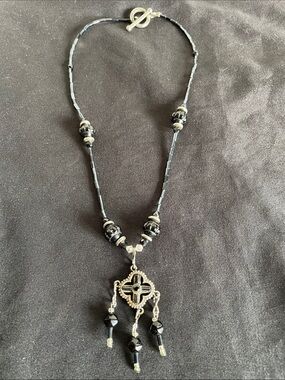 Black Handmade Beaded Cross Pendant Necklace